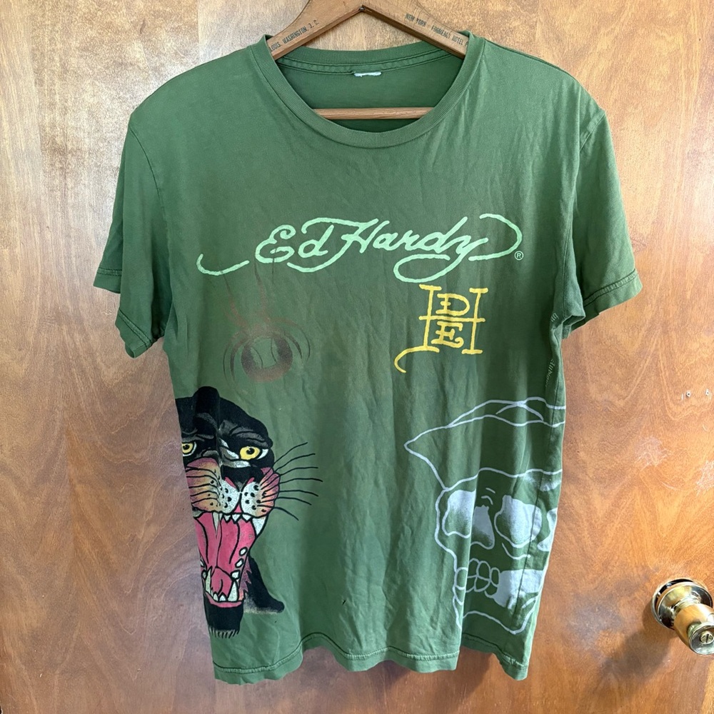 Ed Hardy Vintage Green Panther Skull Spider Graphic T-Shirt Mcbling Y2K Tattoo